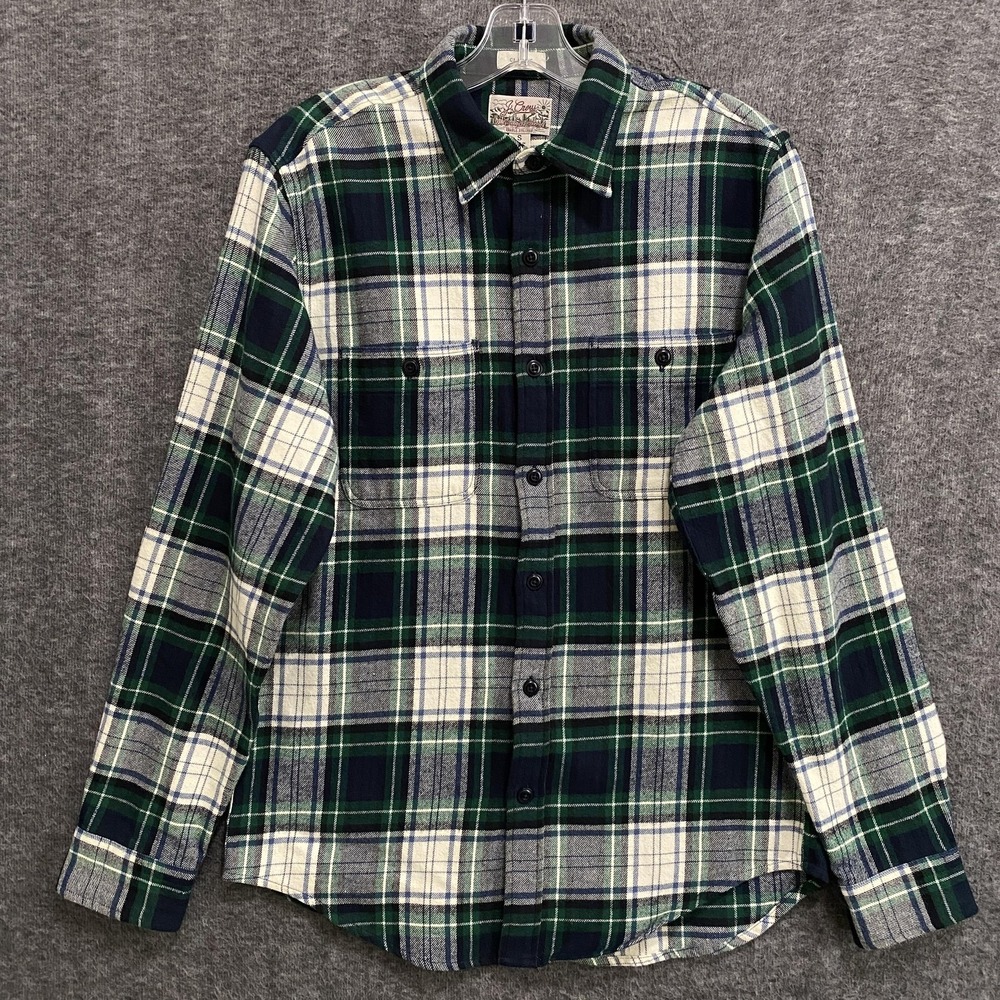 J Crew Midweight Flannel Double Brushed Shirt Mens S Green Plaid Classic Outdoor